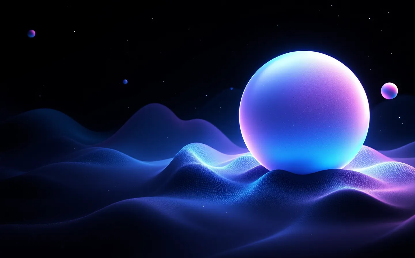 A soft violet-to-blue gradient sphere floating on a mesh-blob backdrop with a thin cyan pulse-wave riding a steady baseline, on a deep near-black ground